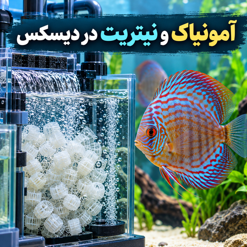 ماهی دیسکس در کنار فیلتر بیولوژیک و مدیای متحرک K1، تصویر شاخص مقاله آمونیاک و نیتریت